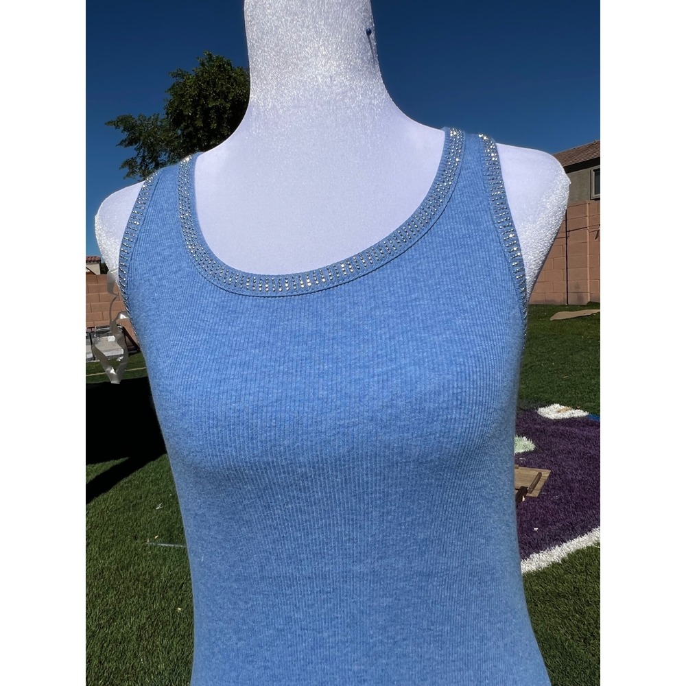 Jeans by Buffalo Womens Blue Ribbed Rhinestone Trim Tank Top NWT Size Medium